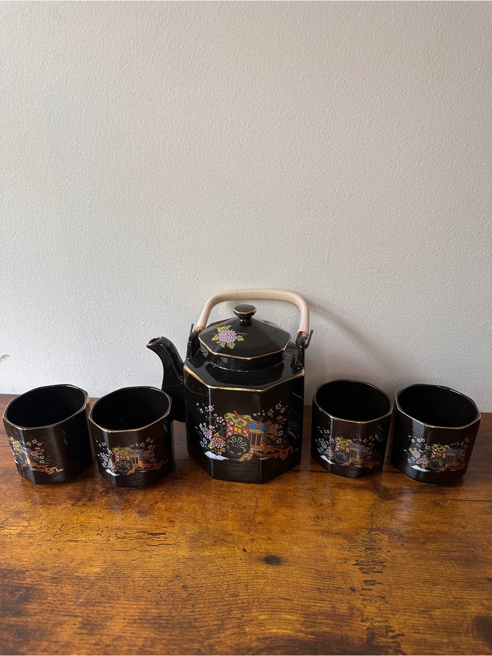 Vtg Octagonal Japanese Black Tea Set-Imperial Cart Floral Design-Teapot & 4 Cups